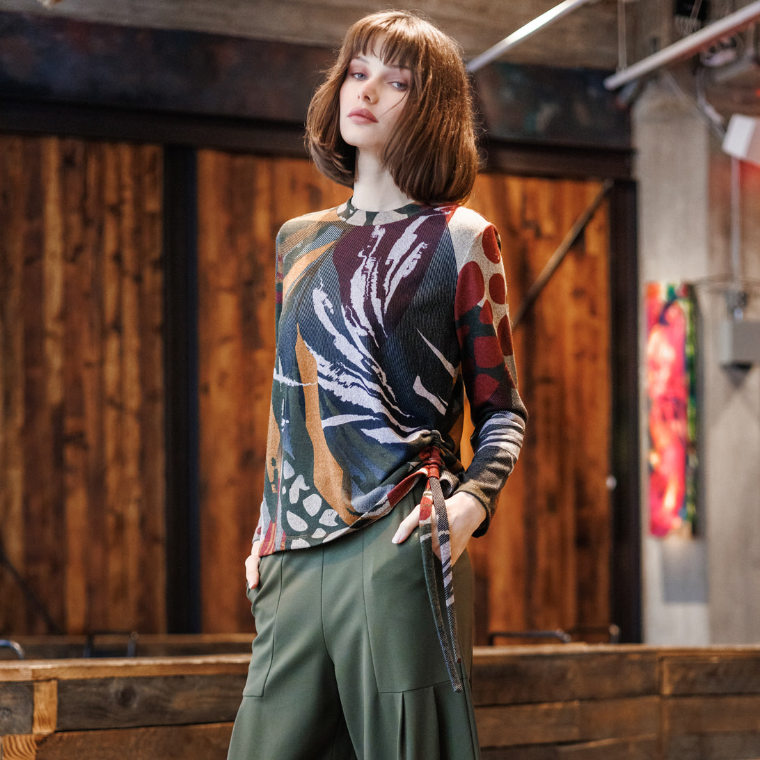 Cozy Knit - Side Pull-Tie Sweater Top - Abstract Harvest - Final Sale | Clara Sunwoo Best Price