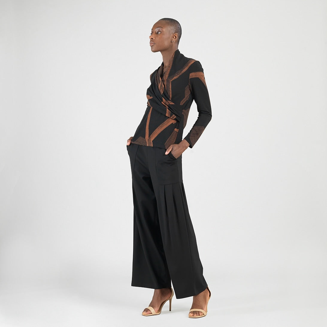 Lightweight Cozy - V-Neck Draped Pleat Sweater Top - Linear Geo | Clara Sunwoo Sale