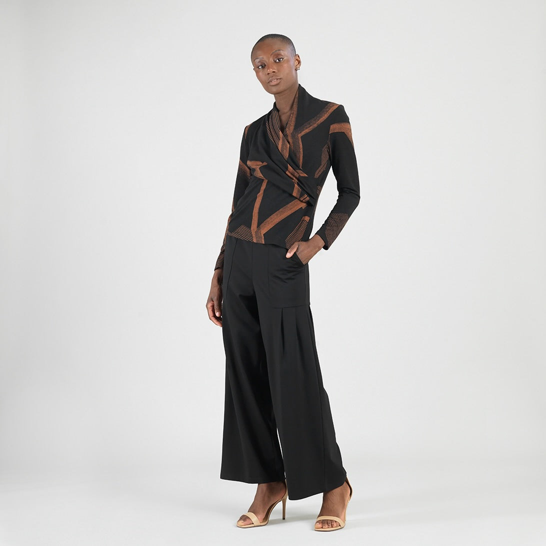 Lightweight Cozy - V-Neck Draped Pleat Sweater Top - Linear Geo | Clara Sunwoo Sale