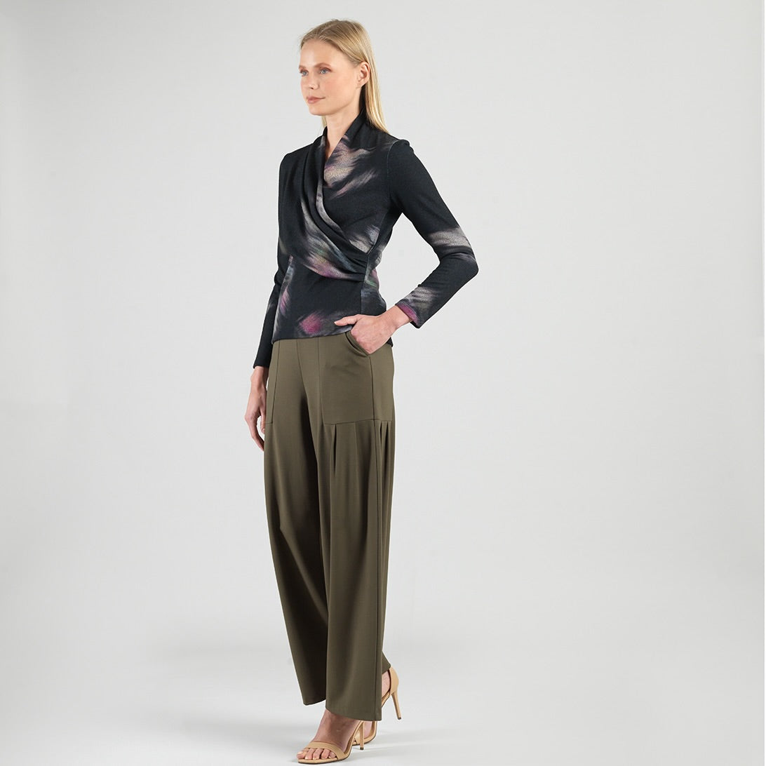 Cozy Knit - V-Neck Draped Pleat Sweater Top - Shadow Brush | Clara Sunwoo Recommended