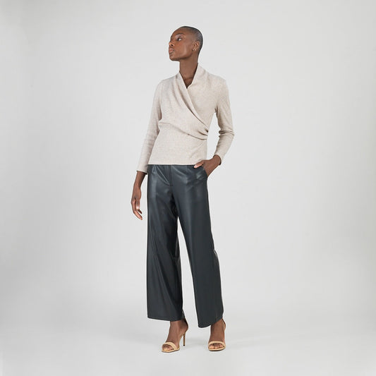 Faux Cashmere - V-Neck Draped Pleat Sweater Top - Natural - Final Sale | Clara Sunwoo Sale
