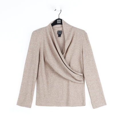 Faux Cashmere - V-Neck Draped Pleat Sweater Top - Natural - Final Sale | Clara Sunwoo Sale