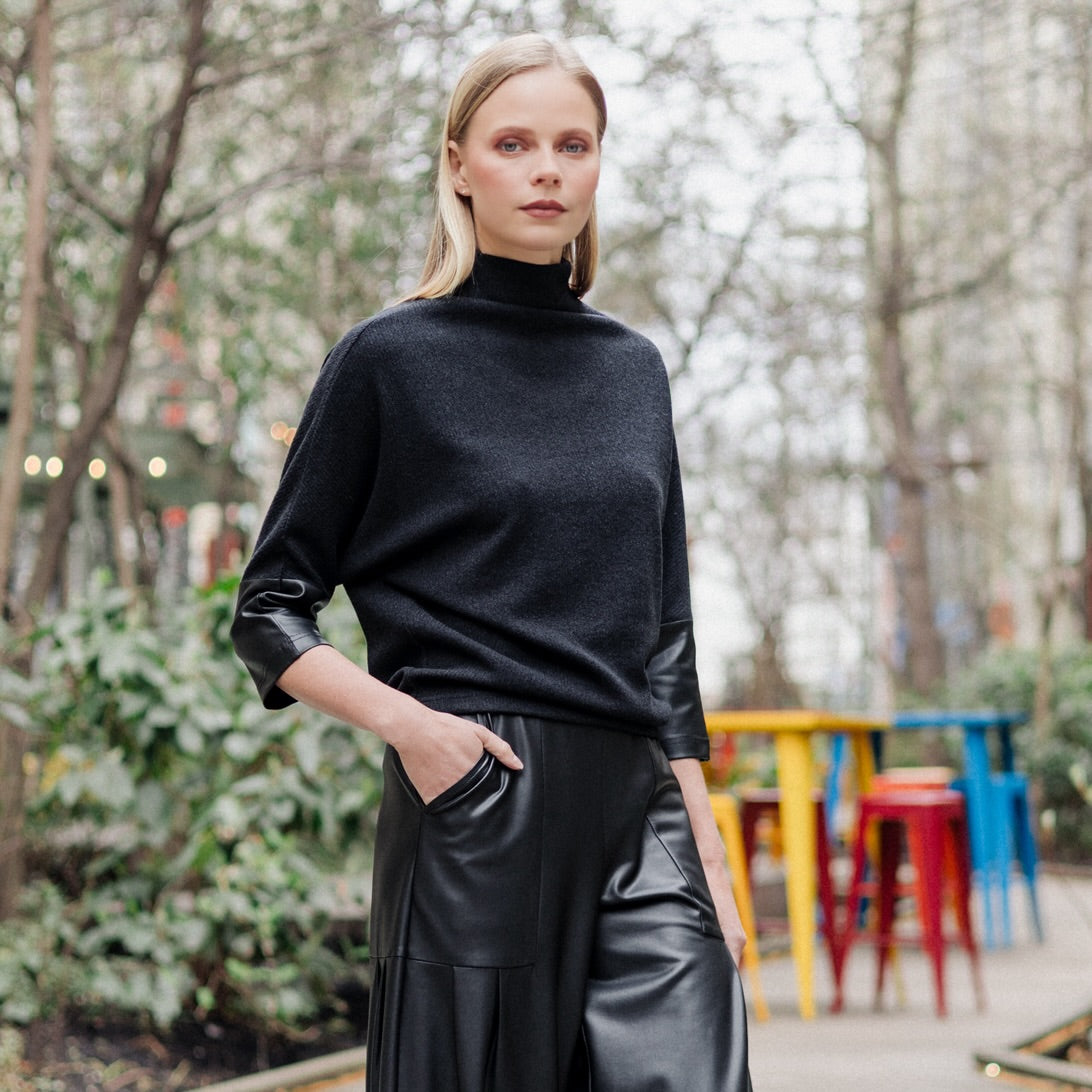 Plush Ribbed - Liquid Leather Cuff Sweater - Black - Final Sale | Clara Sunwoo Discount