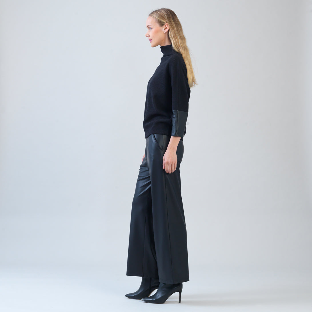 Plush Ribbed - Liquid Leather Cuff Sweater - Black - Final Sale | Clara Sunwoo Discount