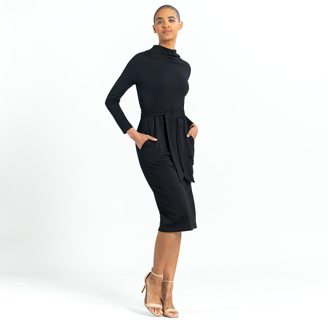 Lightweight Ponte - Tie Waist Pocket Midi Dress - Black - Final Sale! | Clara Sunwoo Recommended