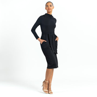 Lightweight Ponte - Tie Waist Pocket Midi Dress - Black - Final Sale! | Clara Sunwoo Recommended