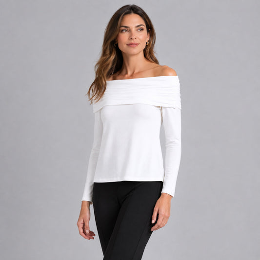 Ultra Cozy - Ruched Off-Shoulder Sweater Top - Ivory - Final Sale | Clara Sunwoo Essential