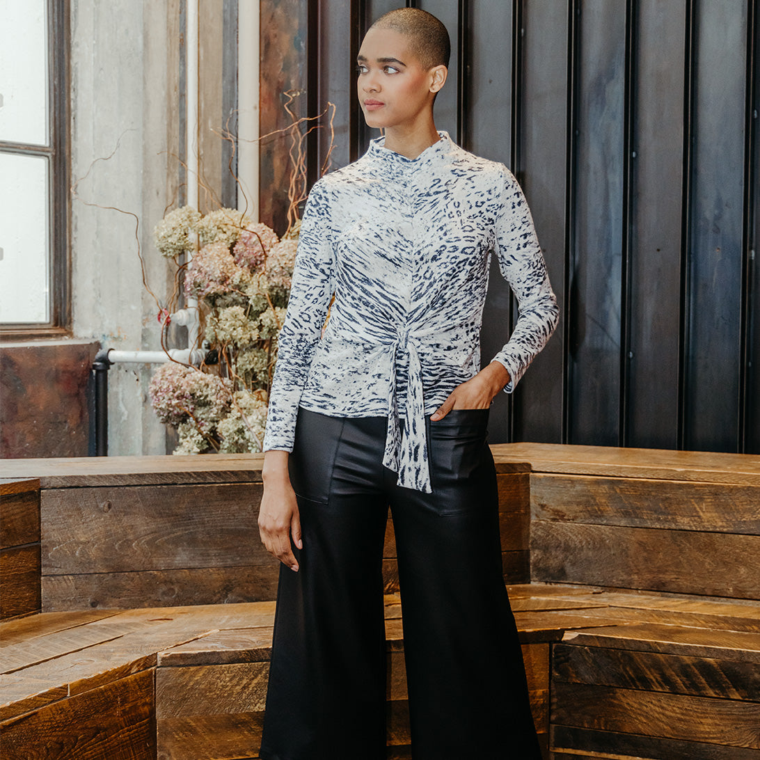 Cozy Shimmer - Center Front Tie Sweater Top - Snow Leopard - Final Sale! | Clara Sunwoo Special Offer
