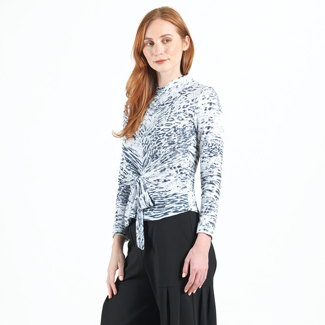 Cozy Shimmer - Center Front Tie Sweater Top - Snow Leopard - Final Sale! | Clara Sunwoo Special Offer