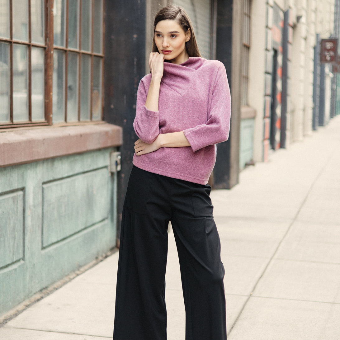 Plush Ribbed - Crossover Petal Neck Sweater - Mauve | Clara Sunwoo Value