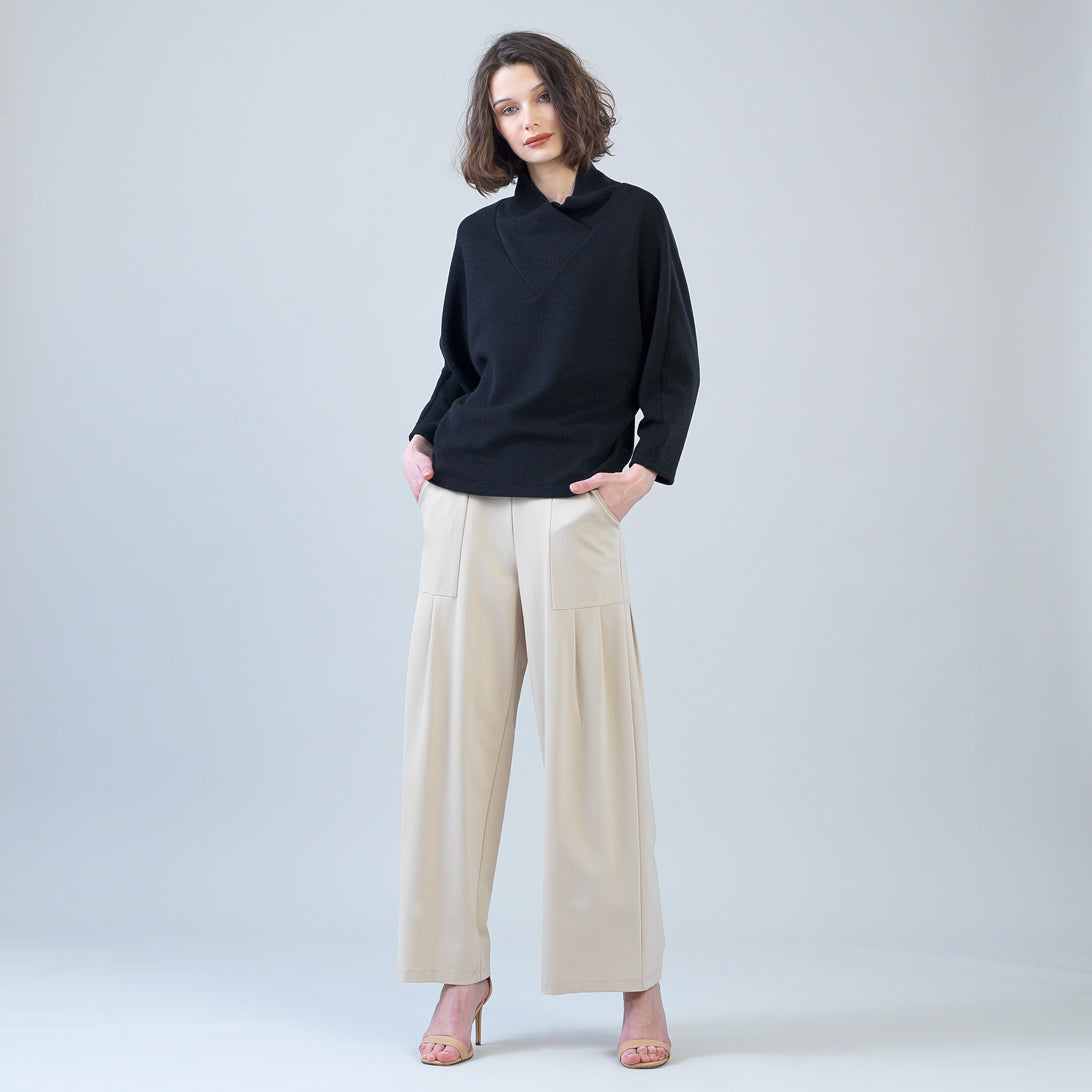 Plush Ribbed - Crossover Petal Neck Sweater - Black | Clara Sunwoo New