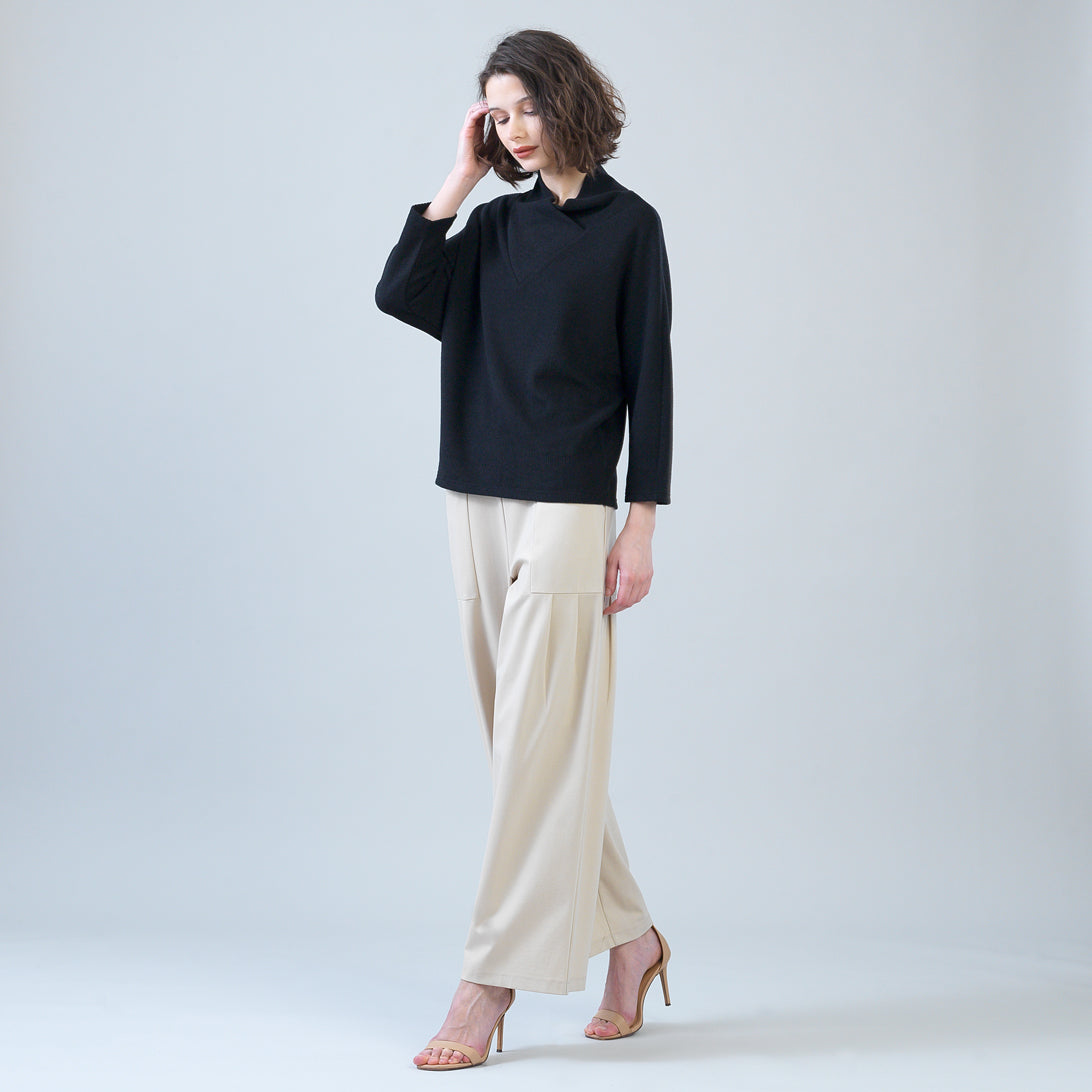 Plush Ribbed - Crossover Petal Neck Sweater - Black | Clara Sunwoo New