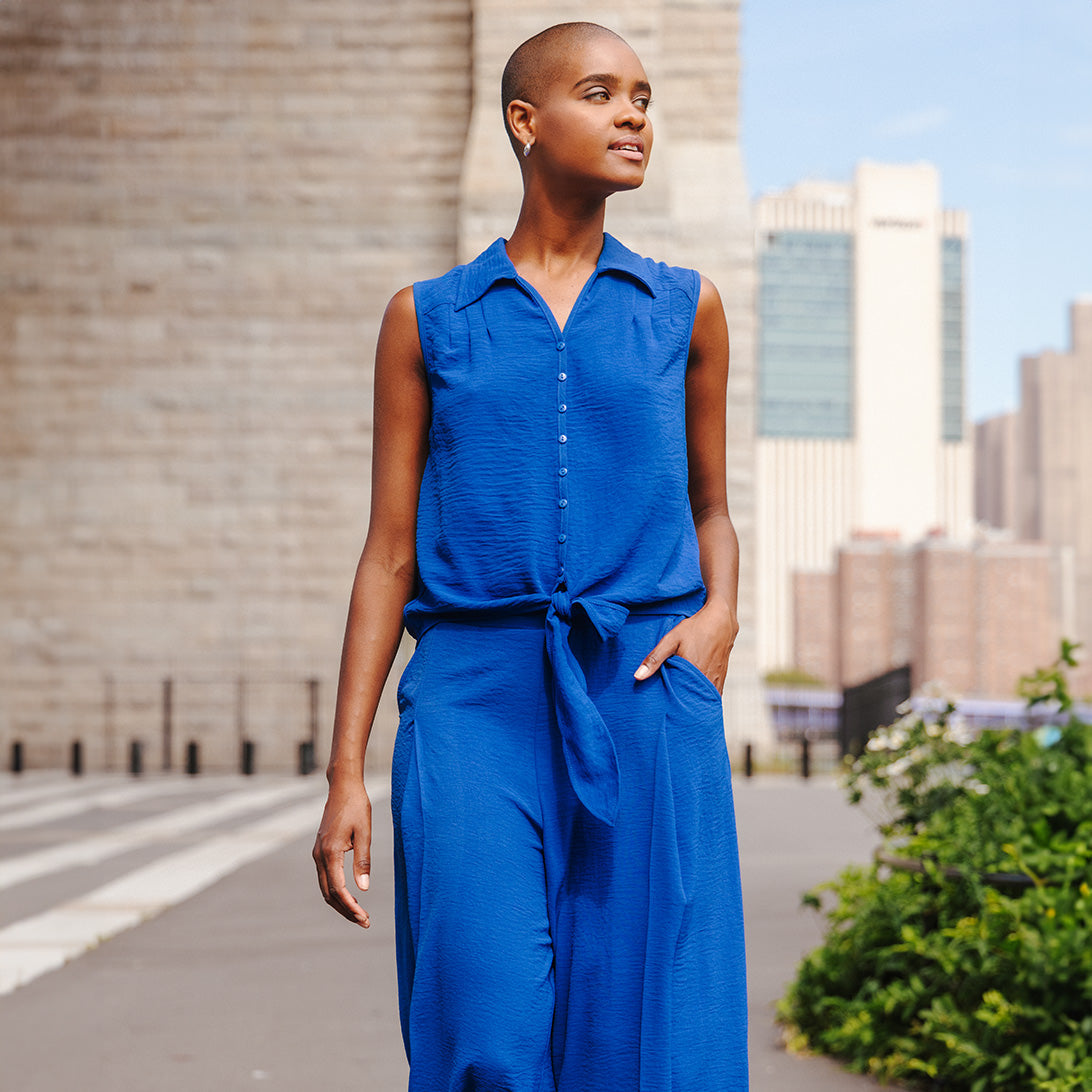 Textured Rayon - Sleeveless Button Down Tie Hem Top - Cobalt - Final Sale | Clara Sunwoo Trusted