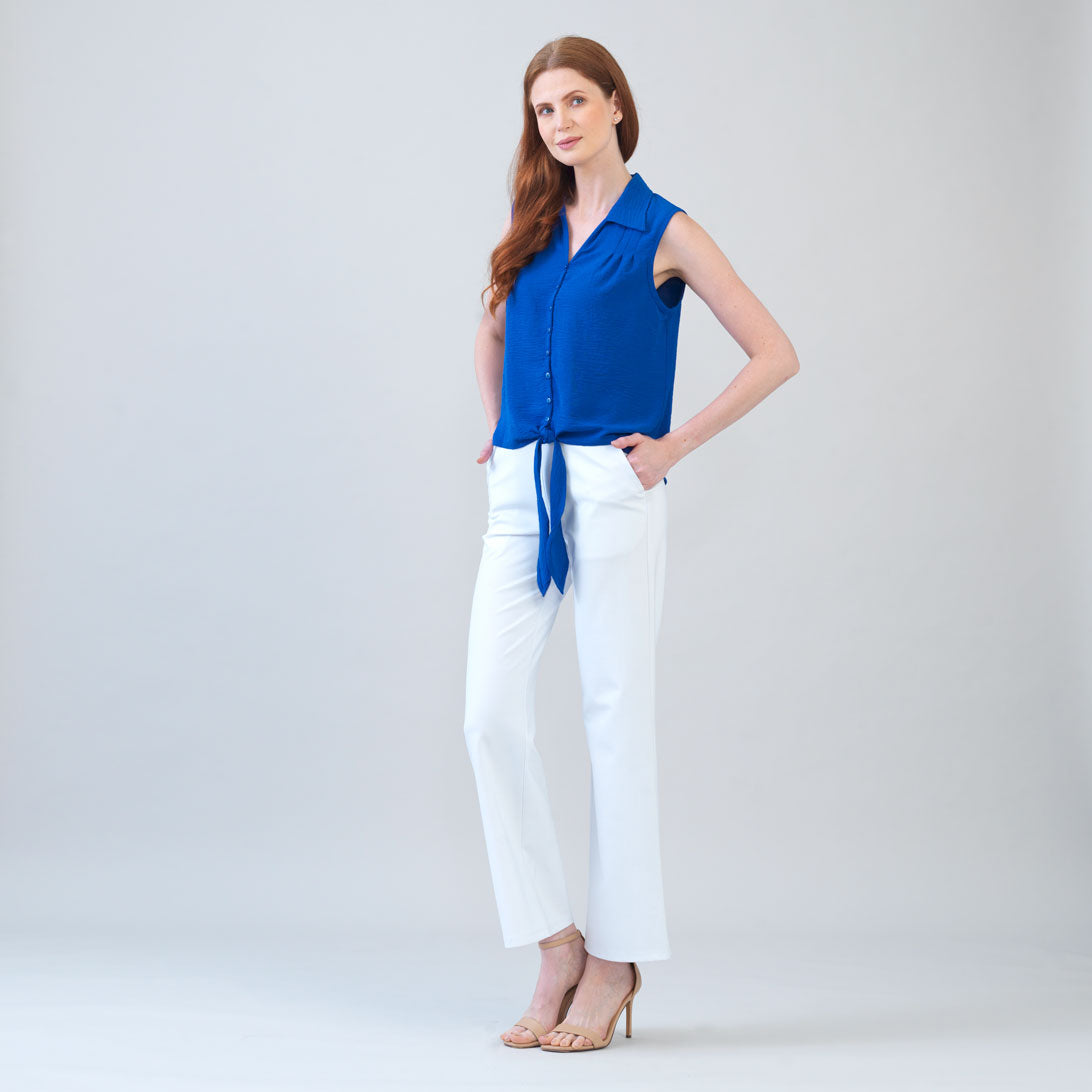 Textured Rayon - Sleeveless Button Down Tie Hem Top - Cobalt - Final Sale | Clara Sunwoo Trusted