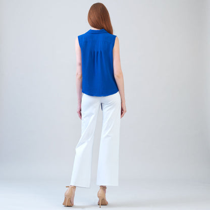 Textured Rayon - Sleeveless Button Down Tie Hem Top - Cobalt - Final Sale | Clara Sunwoo Trusted