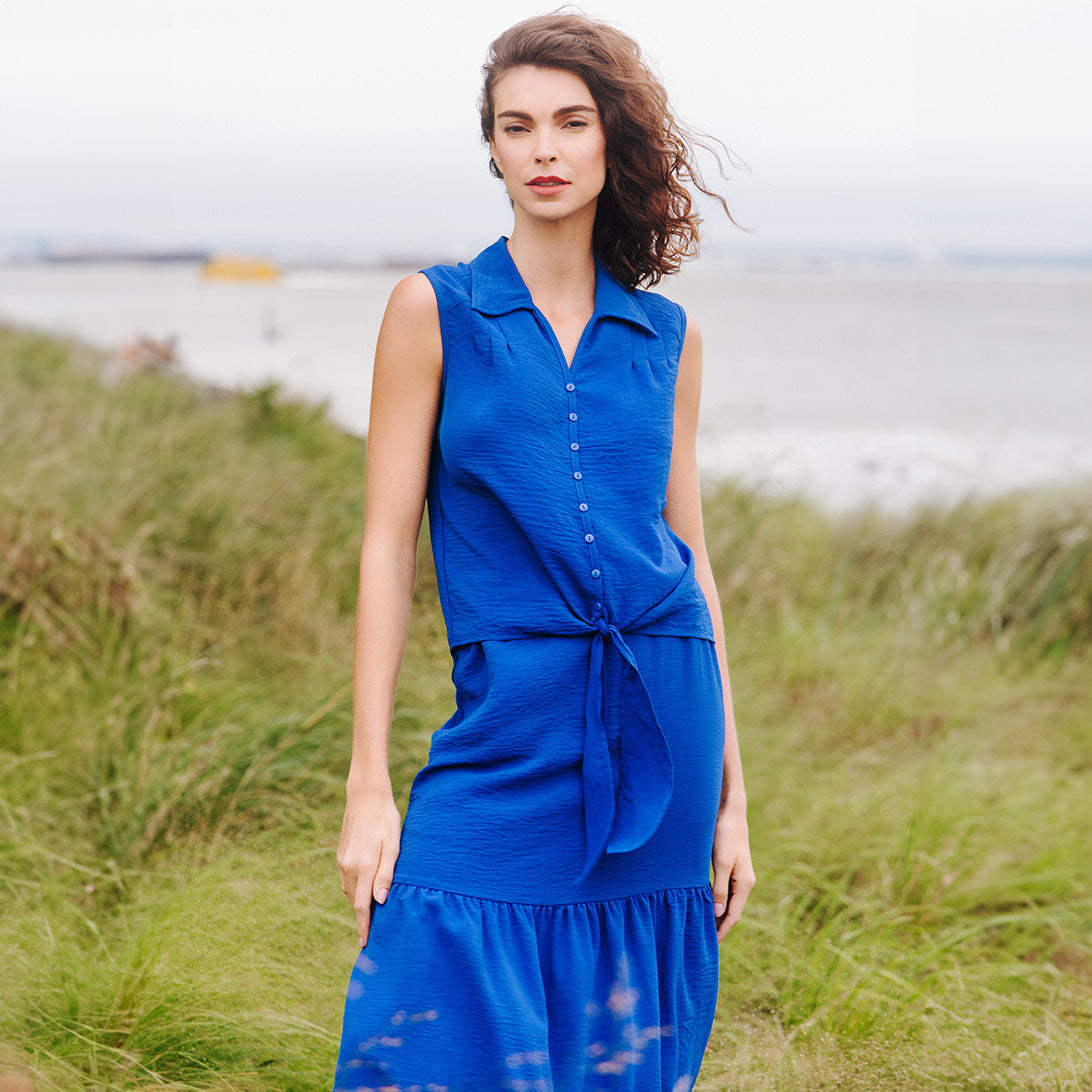 Textured Rayon - Sleeveless Button Down Tie Hem Top - Cobalt - Final Sale | Clara Sunwoo Trusted