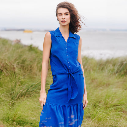 Textured Rayon - Sleeveless Button Down Tie Hem Top - Cobalt - Final Sale | Clara Sunwoo Trusted