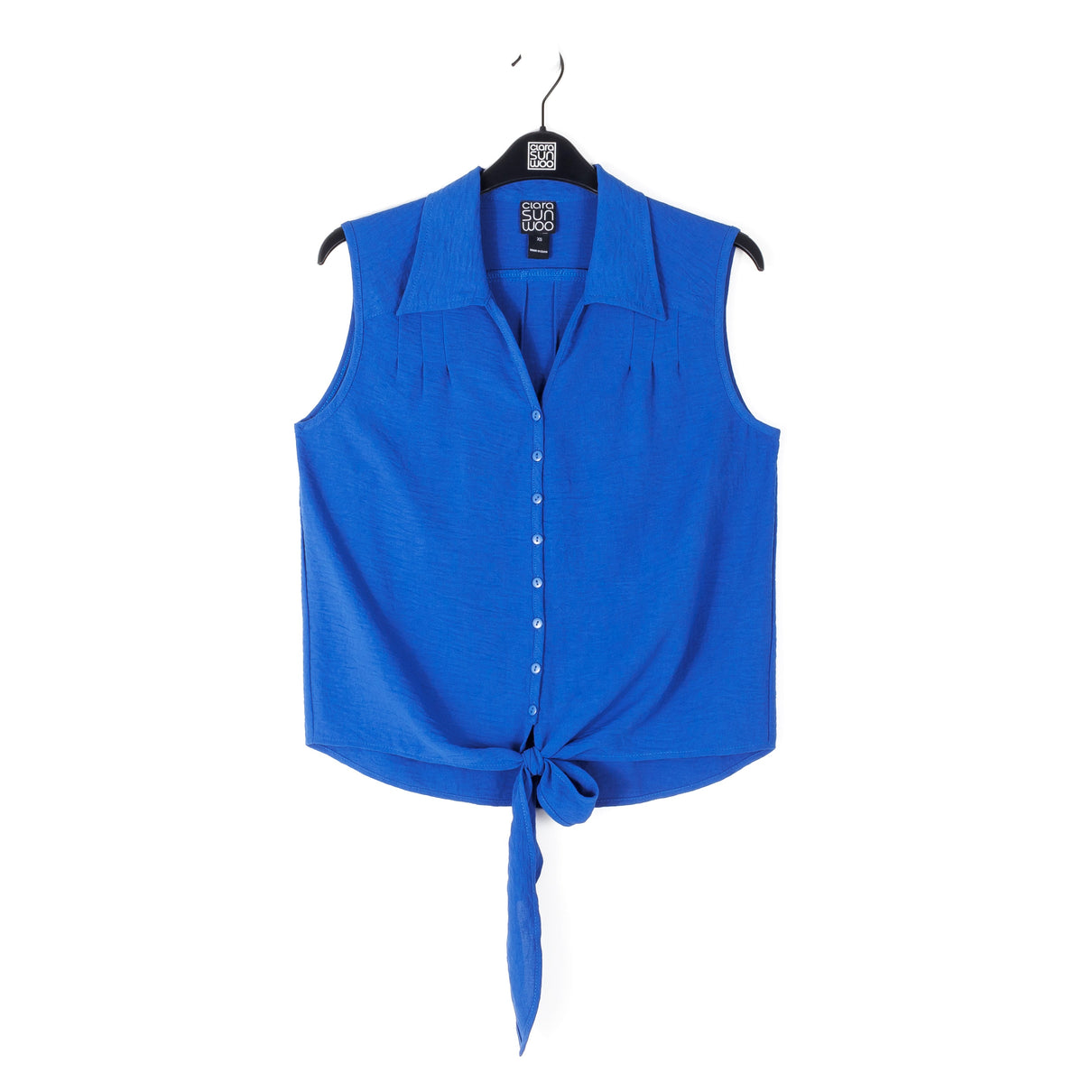 Textured Rayon - Sleeveless Button Down Tie Hem Top - Cobalt - Final Sale | Clara Sunwoo Trusted