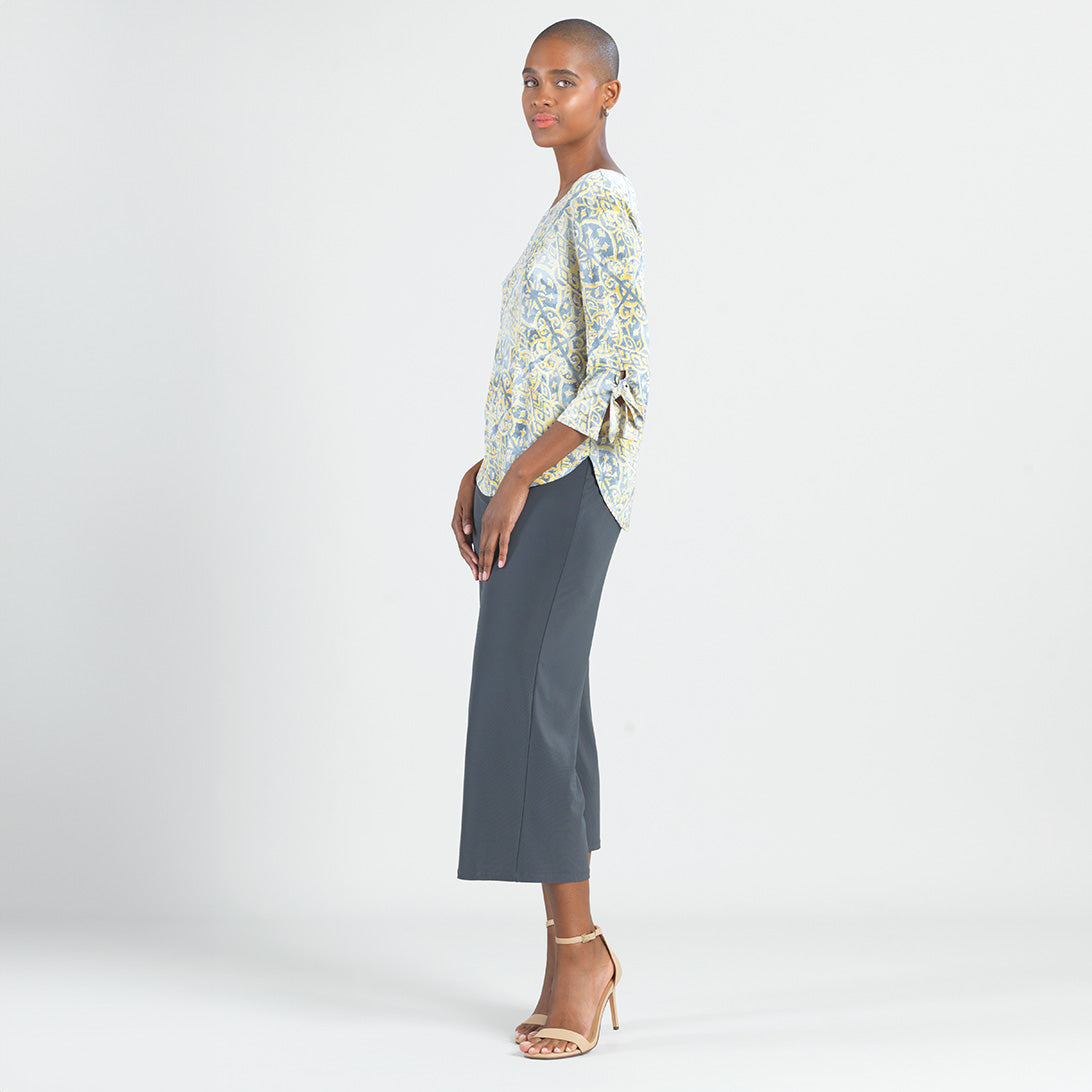 Textured Tie Cuff Curved Hem Top - Mosaic Emblem - Final Sale | Clara Sunwoo Sale