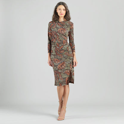Side Slit 3/4 Sleeve Midi Dress - Mosaic Leaves - Final Sale | Clara Sunwoo Trending