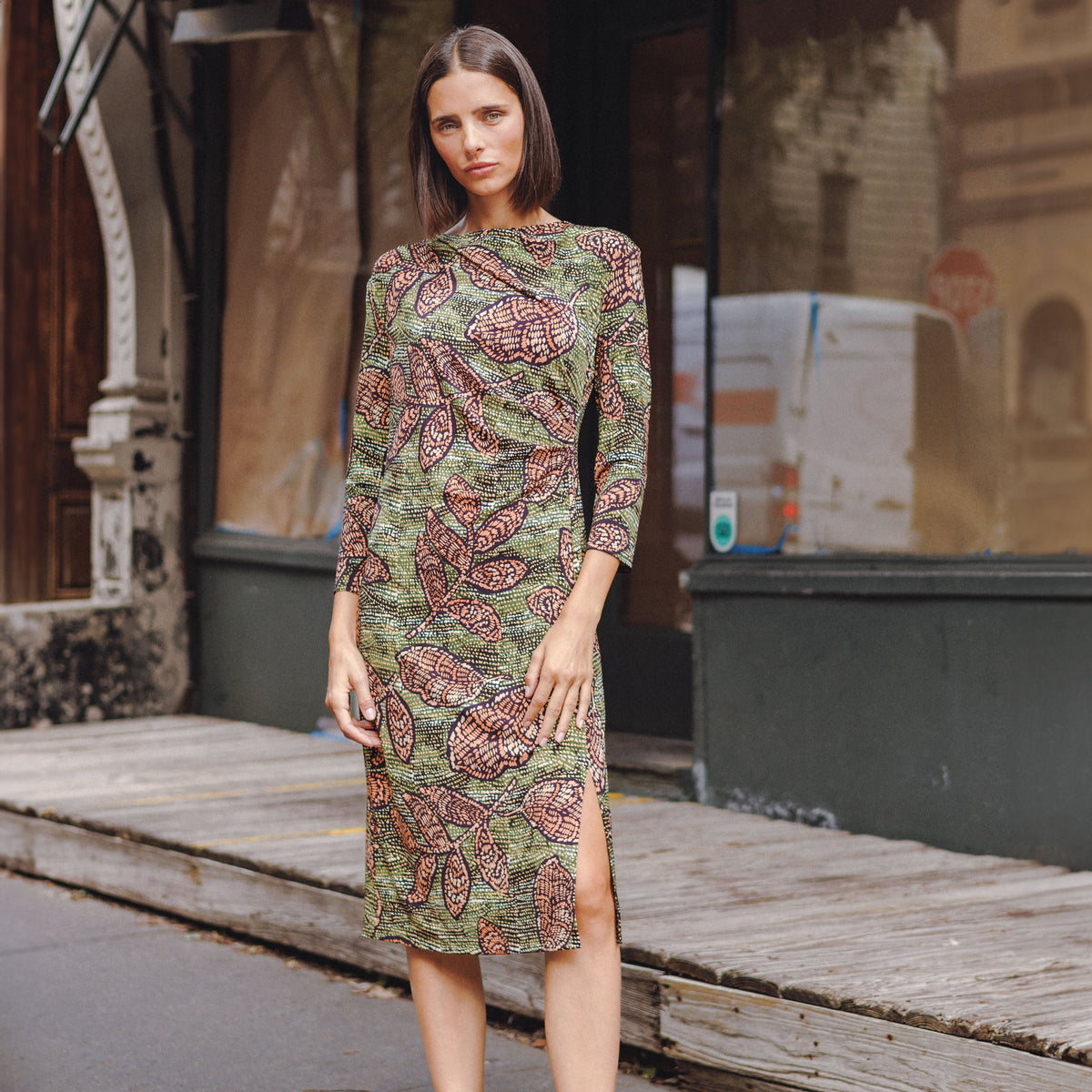 Side Slit 3/4 Sleeve Midi Dress - Mosaic Leaves - Final Sale | Clara Sunwoo Trending