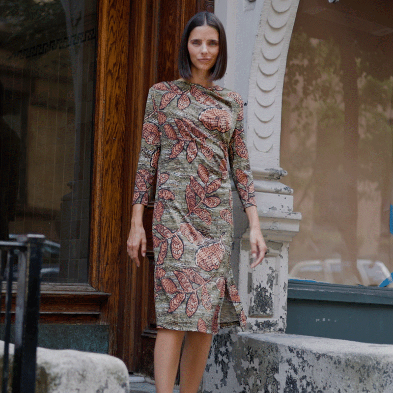 Side Slit 3/4 Sleeve Midi Dress - Mosaic Leaves - Final Sale | Clara Sunwoo Trending
