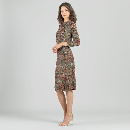 Side Slit 3/4 Sleeve Midi Dress - Mosaic Leaves - Final Sale | Clara Sunwoo Trending