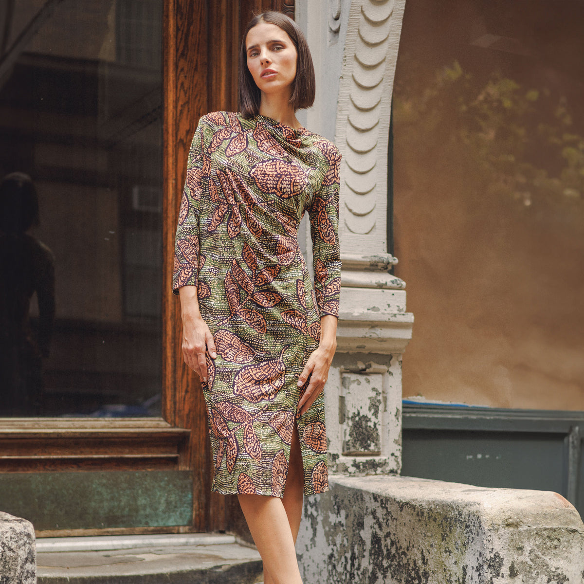 Side Slit 3/4 Sleeve Midi Dress - Mosaic Leaves - Final Sale | Clara Sunwoo Trending