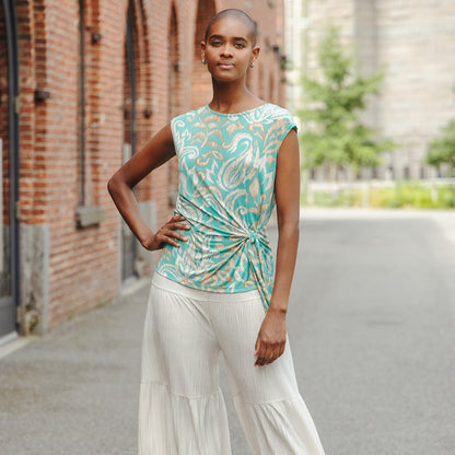 Butter Knit - Cap Sleeve Side Tie Top - Paisley Lotus-Turquoise - Final Sale | Clara Sunwoo Special Offer