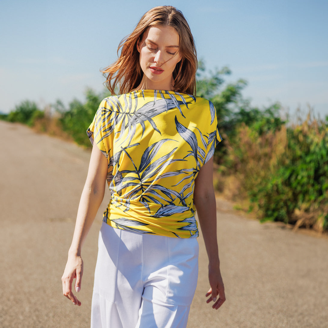 Side Ruched Boat Neck Top - Sunlit Palm - Final Sale | Clara Sunwoo Signature