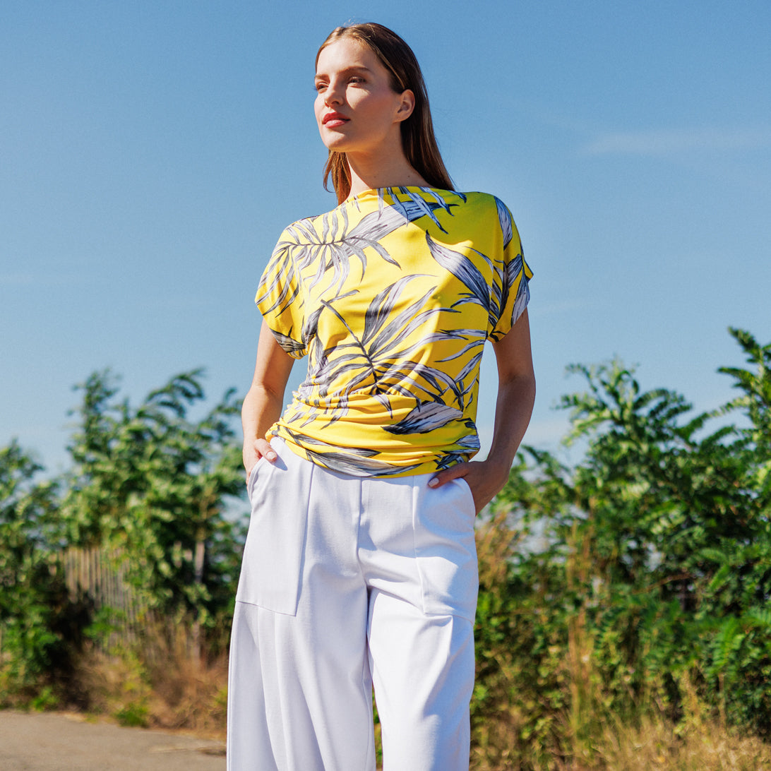 Side Ruched Boat Neck Top - Sunlit Palm - Final Sale | Clara Sunwoo Signature