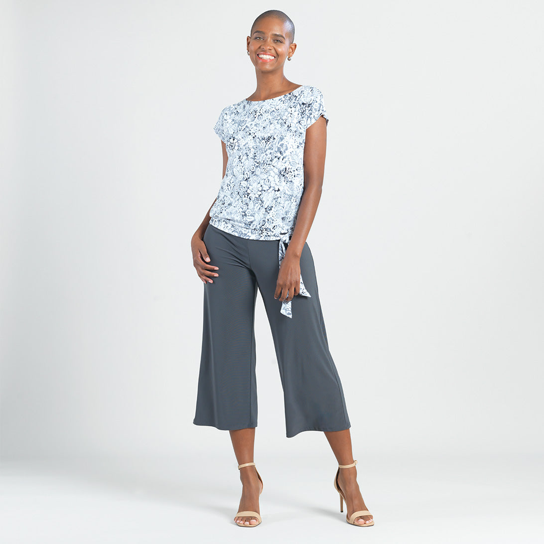 Textured Cap Sleeve Tie Hem Top - Floral Rain-Grey - Final Sale | Clara Sunwoo Classic