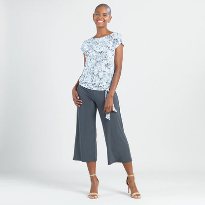 Textured Cap Sleeve Tie Hem Top - Floral Rain-Grey - Final Sale | Clara Sunwoo Classic