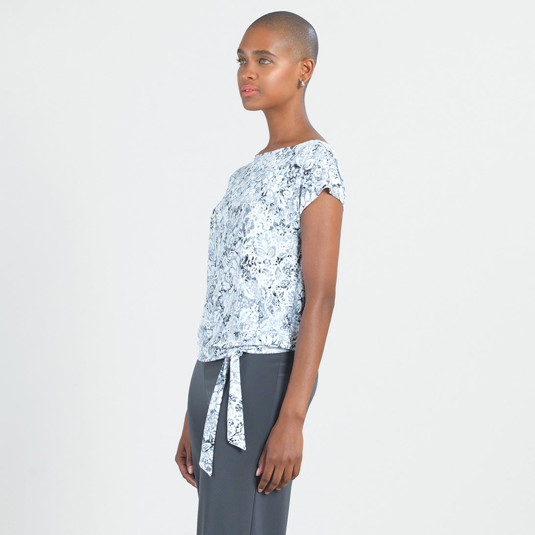 Textured Cap Sleeve Tie Hem Top - Floral Rain-Grey - Final Sale | Clara Sunwoo Classic
