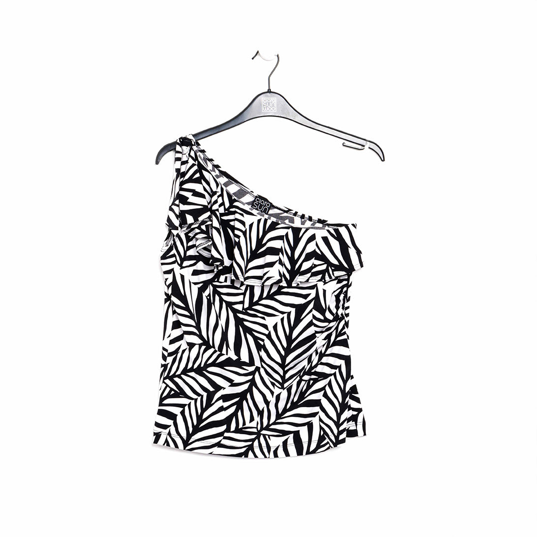 Ribbon One Shoulder Ruffle Neckline Top - Leaf Stripe - Final Sale! | Clara Sunwoo Popular