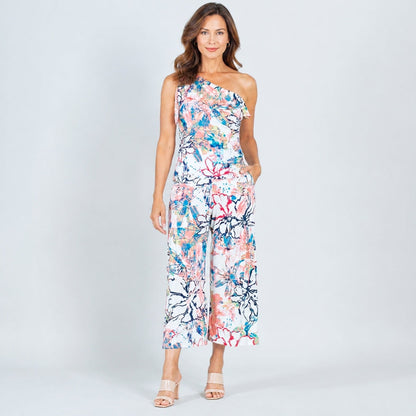 Butter Knit - Ribbon One Shoulder Ruffle Neckline Top - Water Floral - Final Sale! | Clara Sunwoo Top Pick
