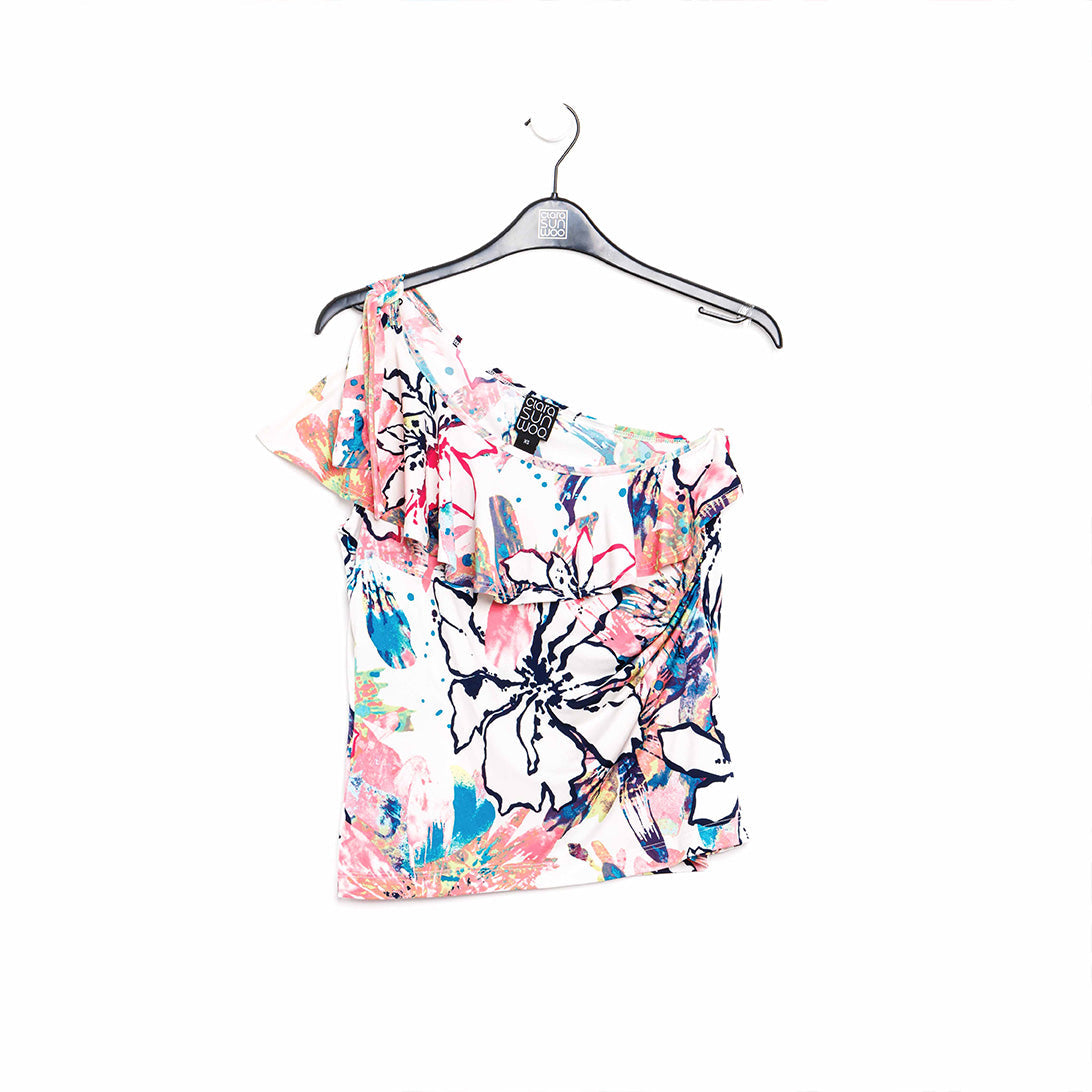 Butter Knit - Ribbon One Shoulder Ruffle Neckline Top - Water Floral - Final Sale! | Clara Sunwoo Top Pick
