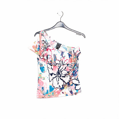 Butter Knit - Ribbon One Shoulder Ruffle Neckline Top - Water Floral - Final Sale! | Clara Sunwoo Top Pick