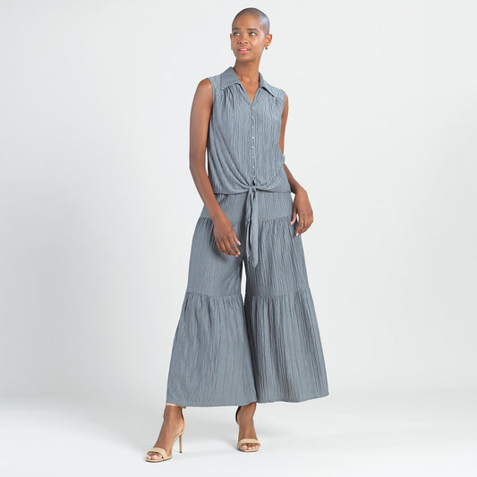 Soft Pleat Knit - Sleeveless Button Down Tie Hem Top - Olive - Final Sale! | Clara Sunwoo Discount