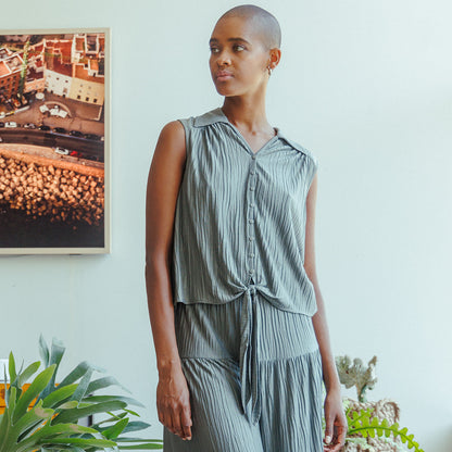 Soft Pleat Knit - Sleeveless Button Down Tie Hem Top - Olive - Final Sale! | Clara Sunwoo Discount