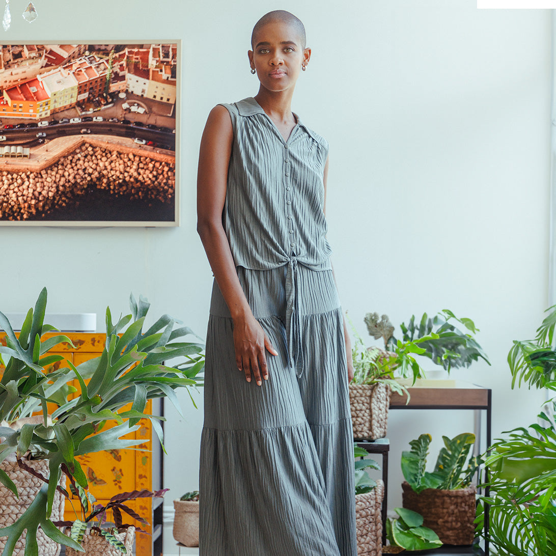 Soft Pleat Knit - Sleeveless Button Down Tie Hem Top - Olive - Final Sale! | Clara Sunwoo Discount