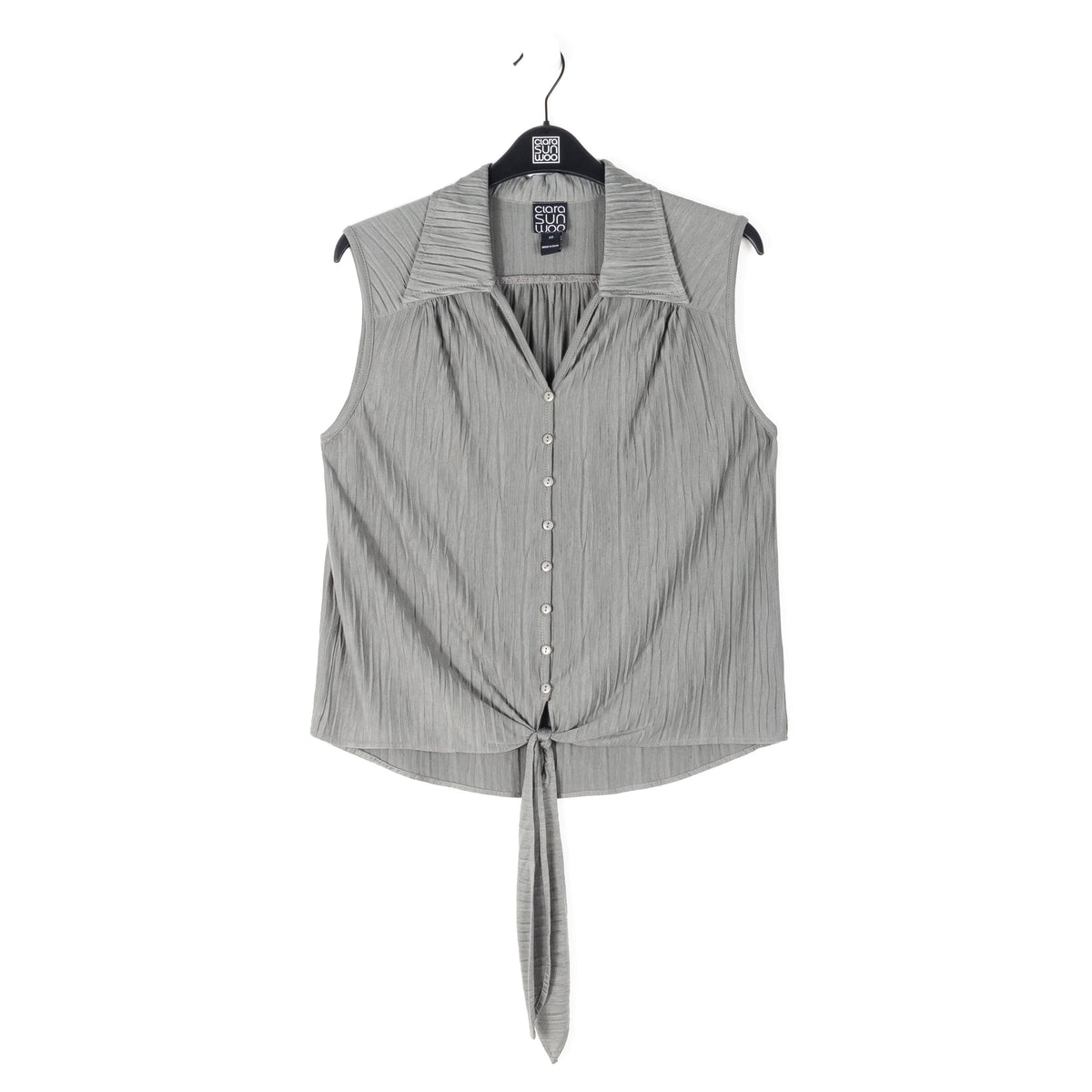 Soft Pleat Knit - Sleeveless Button Down Tie Hem Top - Olive - Final Sale! | Clara Sunwoo Discount