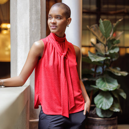 Glimmer Speck - Mock Neck-Tie Detail Top - Red - Final Sale! | Clara Sunwoo Latest