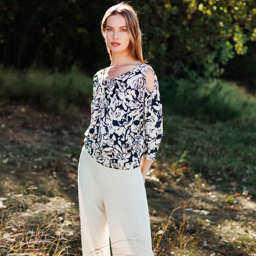 Open Shoulder Blouson Waist Top - Abstract Rose - Final Sale | Clara Sunwoo Special Offer