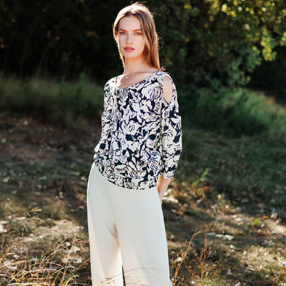 Open Shoulder Blouson Waist Top - Abstract Rose - Final Sale | Clara Sunwoo Special Offer