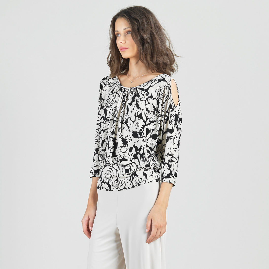 Open Shoulder Blouson Waist Top - Abstract Rose - Final Sale | Clara Sunwoo Special Offer