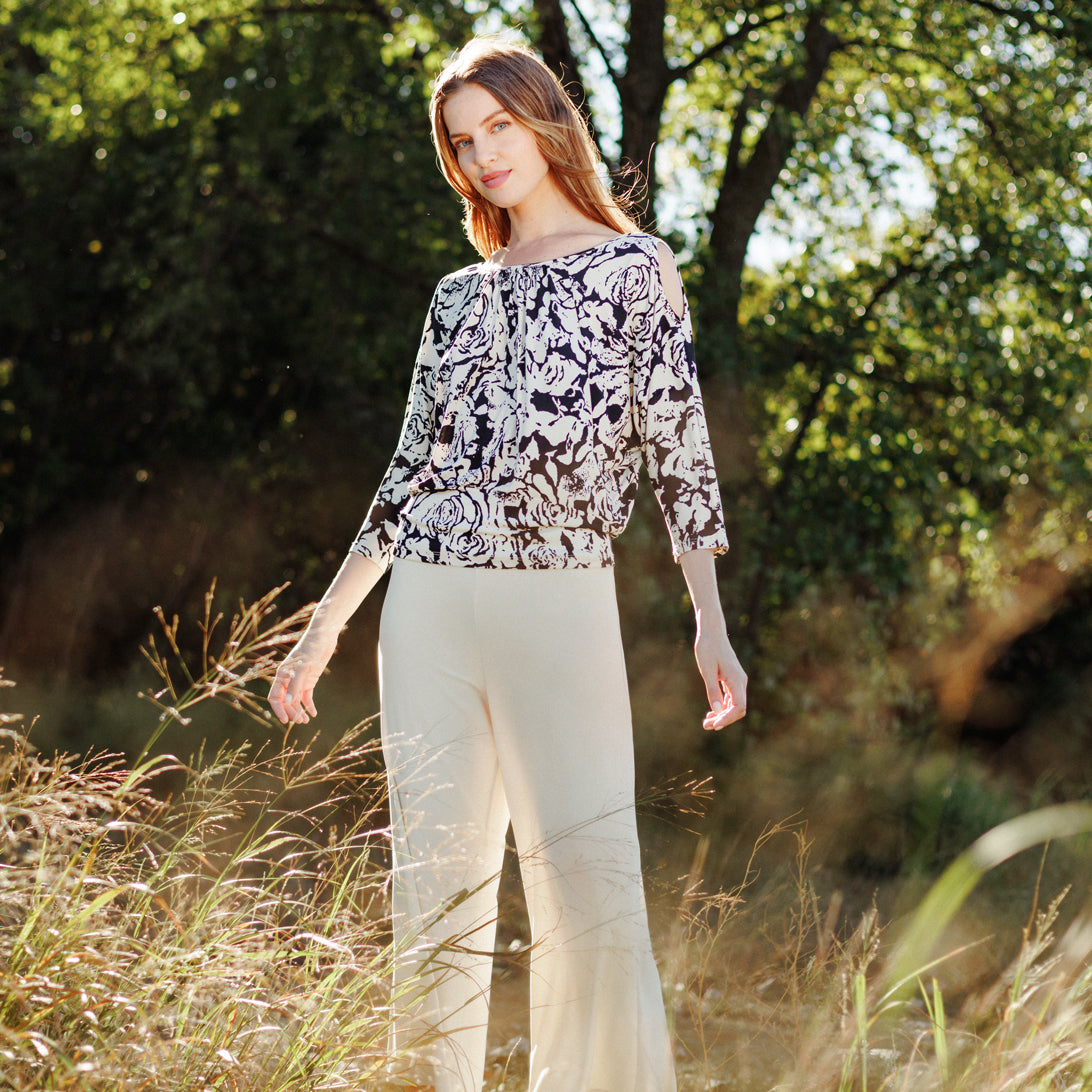 Open Shoulder Blouson Waist Top - Abstract Rose - Final Sale | Clara Sunwoo Special Offer