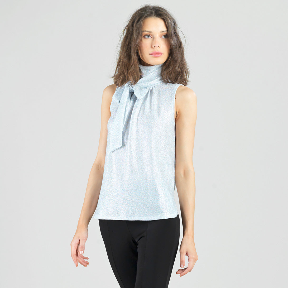 Glitter Foil - Mock Neck-Tie Detail Top - Silver - Final Sale! | Clara Sunwoo Top Pick