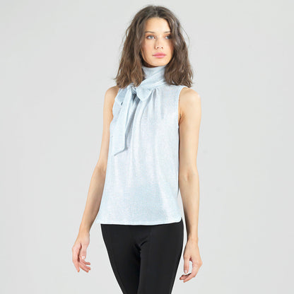 Glitter Foil - Mock Neck-Tie Detail Top - Silver - Final Sale! | Clara Sunwoo Top Pick