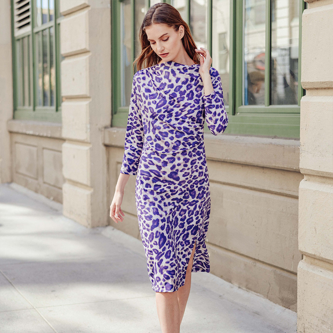Foil Knit - Side Slit 3/4 Sleeve Midi Dress - Plum Cheetah - Final Sale! | Clara Sunwoo Trending